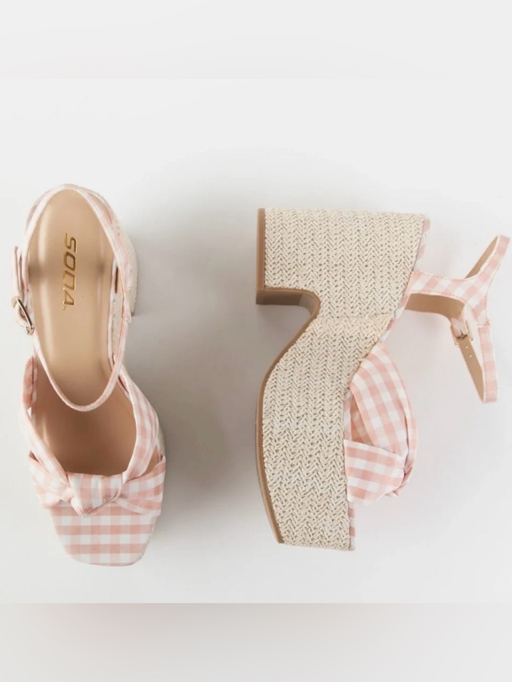 Soda Platform Espadrille Gingham Sandals | Pink & White | Size 6.5